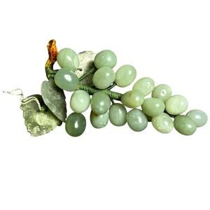 Vintage Chinese jade grape cluster 6” carved leaves stone fruit Chinoiserie